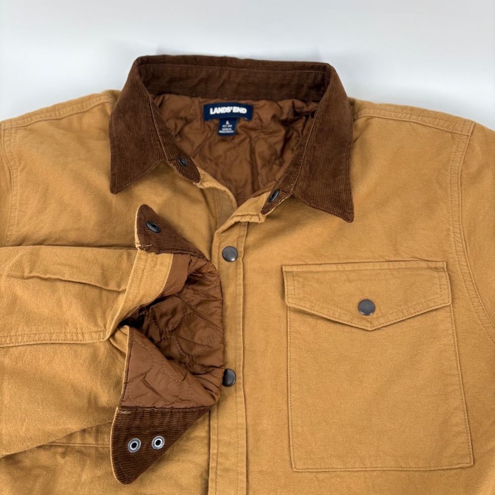 Lands End Mens Tan Canvas Quilted Lined Shirt Jacket Corduroy Trim Large 42-44